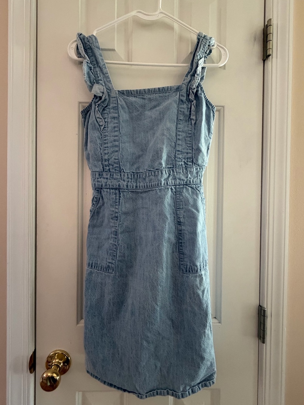 Light Blue Denim Mini Dress with Ruffle Straps